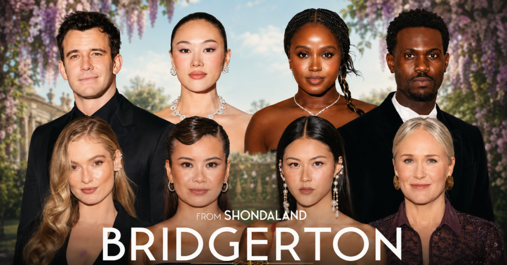 Cast members of Bridgerton Season 4 featured in a promotional ensemble portrait, showcasing the actors bringing the latest chapter of the beloved Regency-era drama to life.