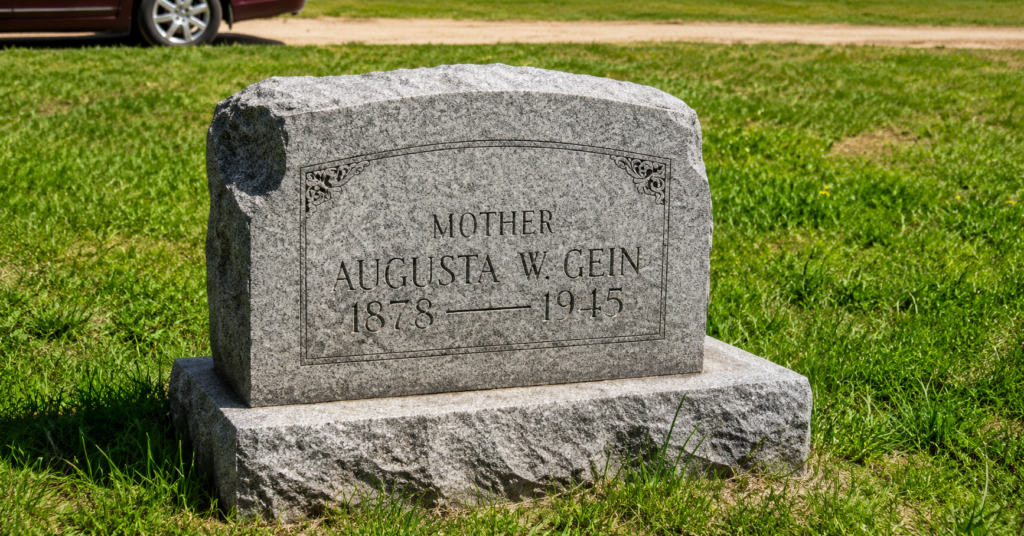 Augusta Wilhelmine Gein gravestone in a Wisconsin cemetery, featuring a gray granite headstone engraved with her name and life dates, surrounded by green grass on a sunny day.