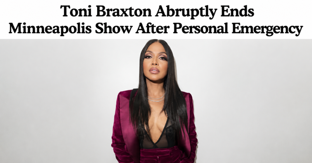 Toni Braxton personal emergency update featured image showing Toni Braxton in a burgundy suit during a professional studio portrait session.