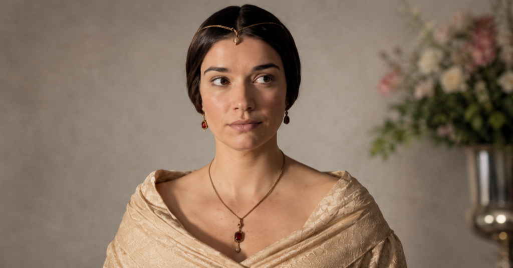 Marie Fargus in a period-inspired portrait wearing an elegant cream shawl and vintage jewelry, featured in an article exploring what happened to Marie Fargus.