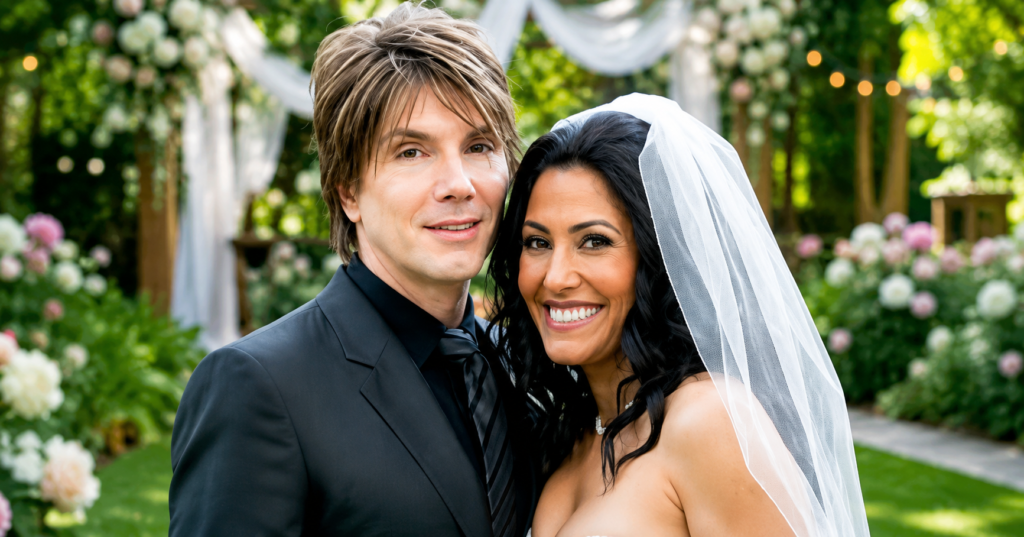 Melina Gallo smiling in a wedding dress and veil beside her groom, captured in a bright outdoor wedding portrait with elegant floral surroundings.