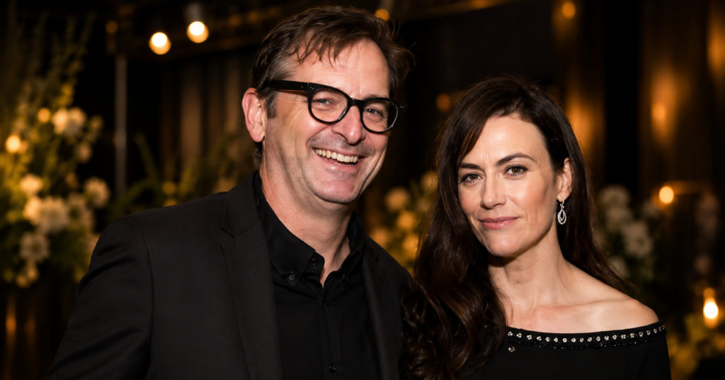 Paul Ratliff posing at a formal event in a black suit and glasses, standing beside a woman in an elegant black dress against a sophisticated background.