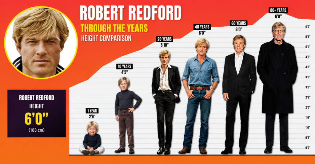 Robert Redford height comparison chart showing the Hollywood actor through different stages of life, featuring a visual timeline from childhood to adulthood alongside his listed height of 6 feet (183 cm).