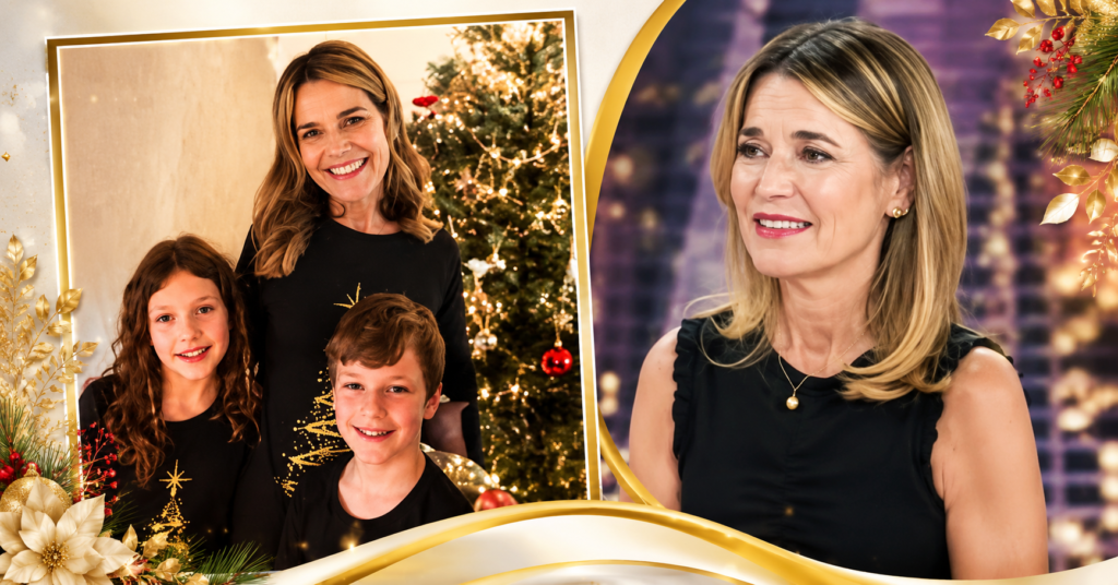Savannah Guthrie smiling with her children beside a decorated Christmas tree, alongside a professional portrait of the TV journalist in a stylish black dress.