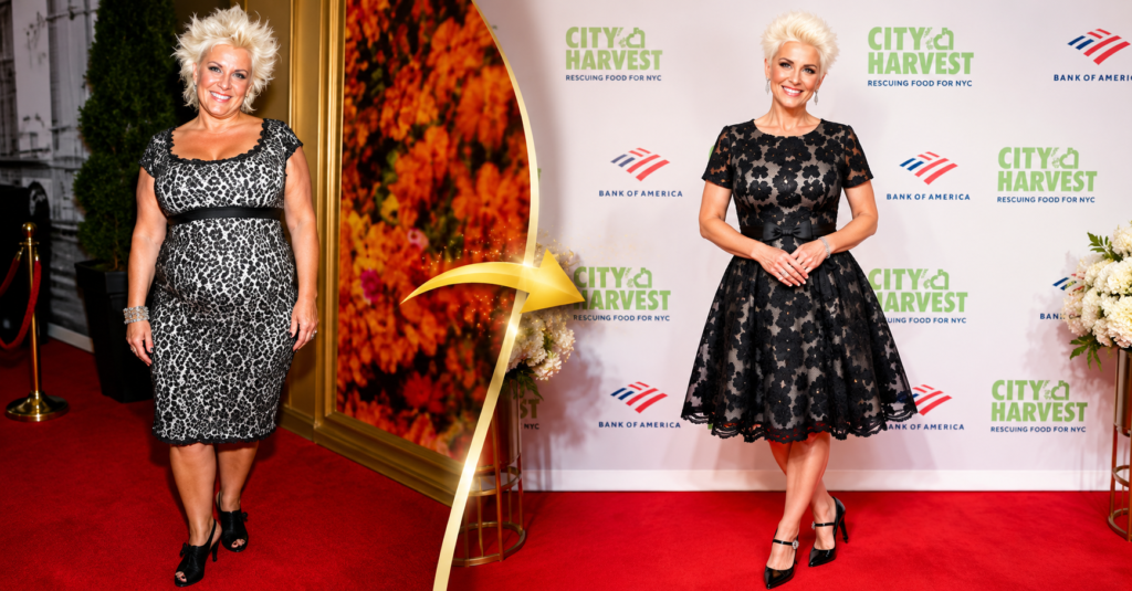 Anne Burrell weight loss transformation comparison showing the celebrity chef in two black dresses at red carpet and charity events, highlighting her slimmer appearance and style evolution.