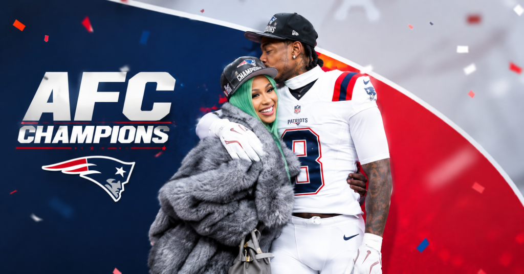 Stefon Diggs and Cardi B celebrate together after a championship victory, posing on the field in front of a bold red sports backdrop.
