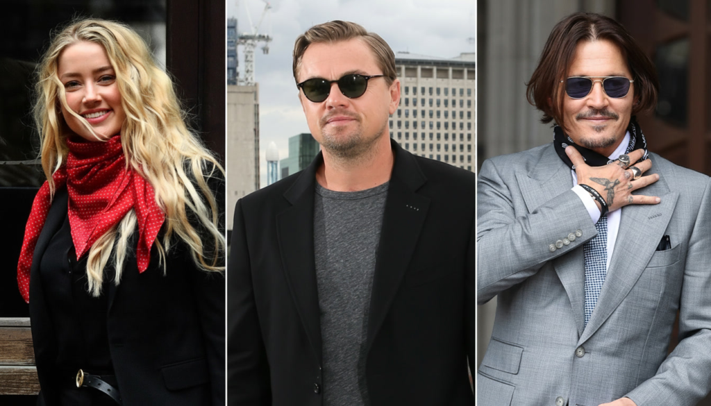 Amber Heard, Leonardo DiCaprio, and Johnny Depp shown in a side-by-side celebrity collage, dressed in stylish formal and semi-formal outfits during public appearances.