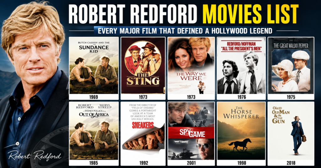 Robert Redford movies list collage featuring some of his most iconic films, including classic Hollywood dramas, westerns, thrillers, and award-winning performances throughout his legendary career.