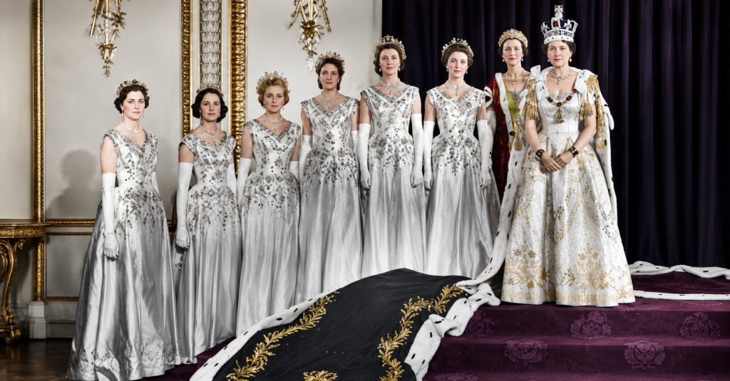 What Is a Lady in Waiting – royal court ladies in elegant white gowns standing beside a queen during a formal palace ceremony.