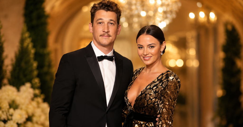 Keleigh Sperry posing with her husband at a glamorous red carpet event, wearing a sparkling gold and black gown with elegant styling.