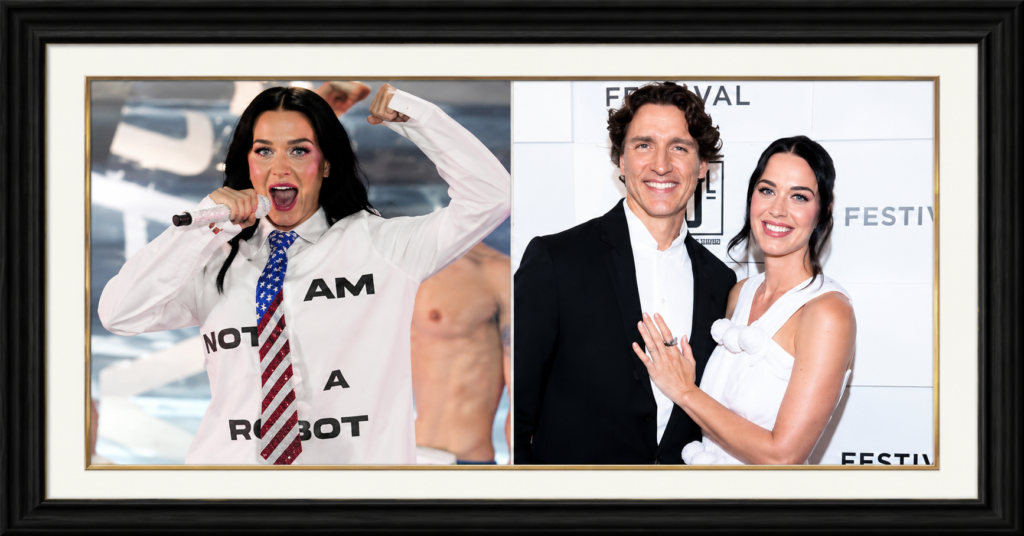 Katy Perry and Justin Trudeau posing at a public event, featured in a celebrity news collage highlighting recent public appearances.