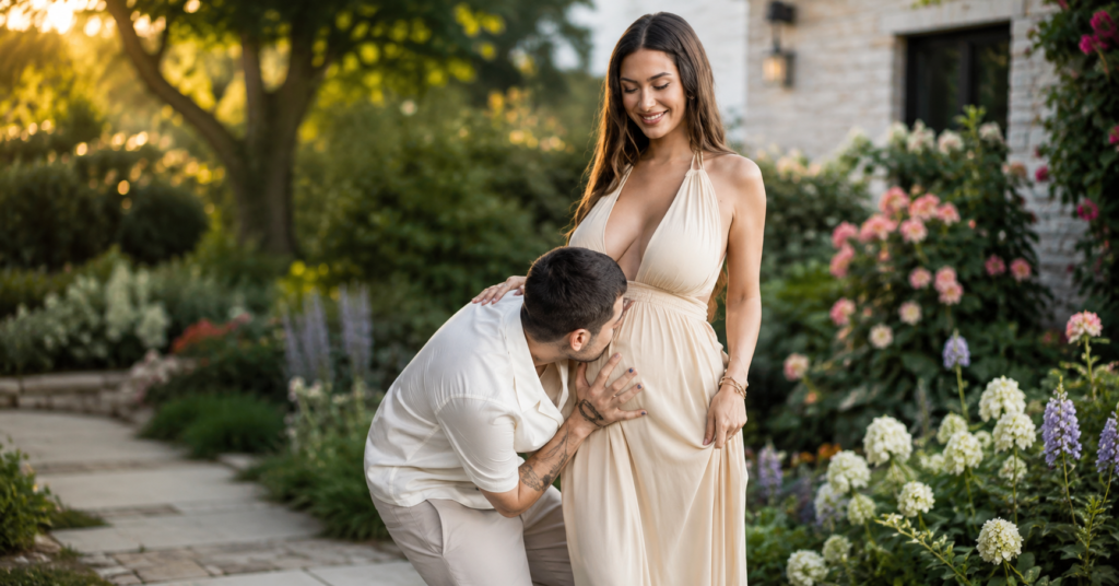 Is Francesca pregnant? Francesca poses in a flowing beige maternity-style dress while a man lovingly kisses her baby bump during an outdoor photoshoot.