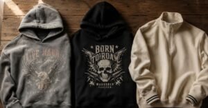 Zach Bryan merch hoodie next to a Hellstar graphic tee and Parke sweatshirt on a flat lay surface