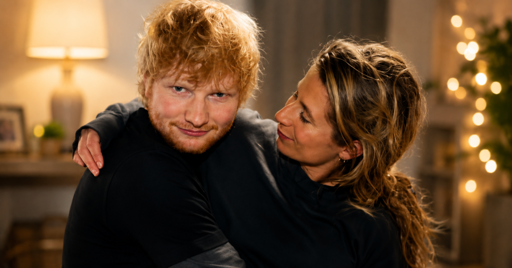 Ed Sheeran hugging his wife Cherry Seaborn in a candid moment together.