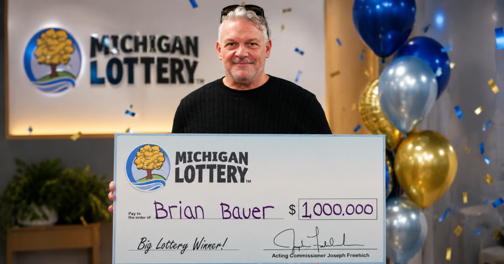 Michigan Lottery winner holding a ceremonial $1 million prize check during the official prize presentation.