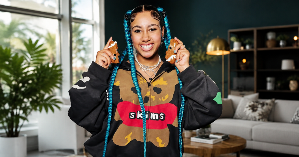 North West smiling with long blue braided hair while wearing a black and camouflage Skims hoodie and holding gingerbread cookies.
