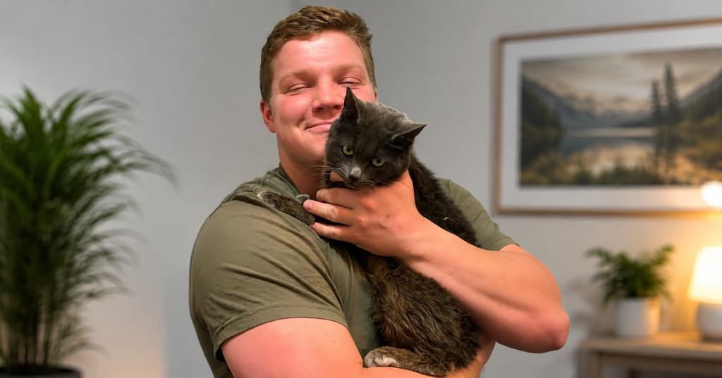Garrison Brown smiling while holding a gray cat indoors.