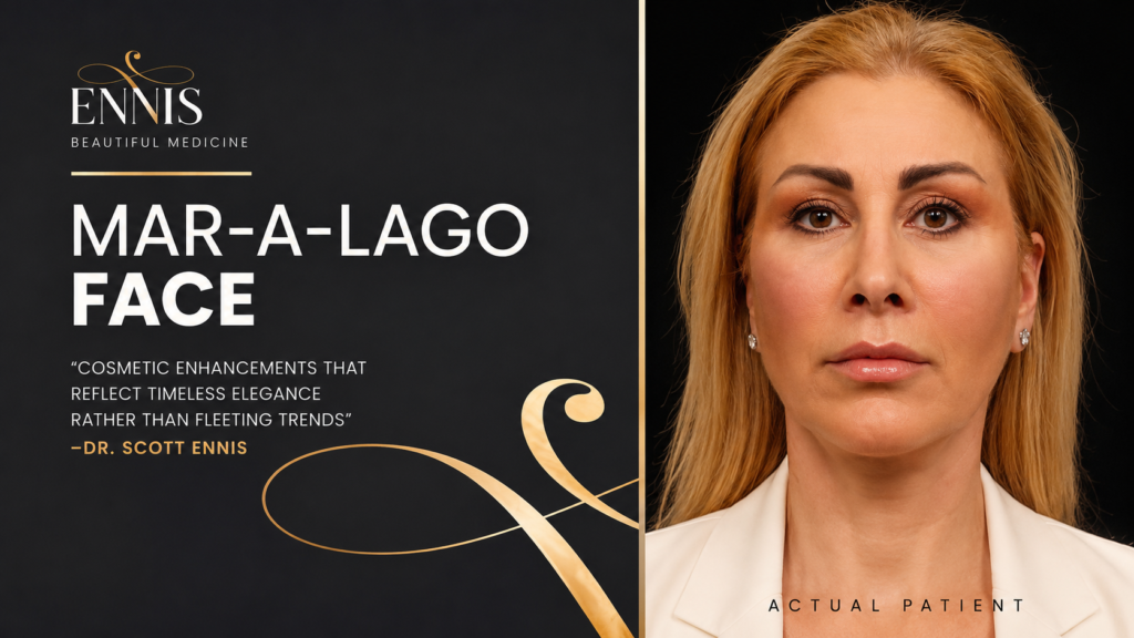 Promotional graphic featuring the phrase "Mar-a-Lago Face" beside a portrait of a woman, illustrating the cosmetic look associated with the trending beauty term.