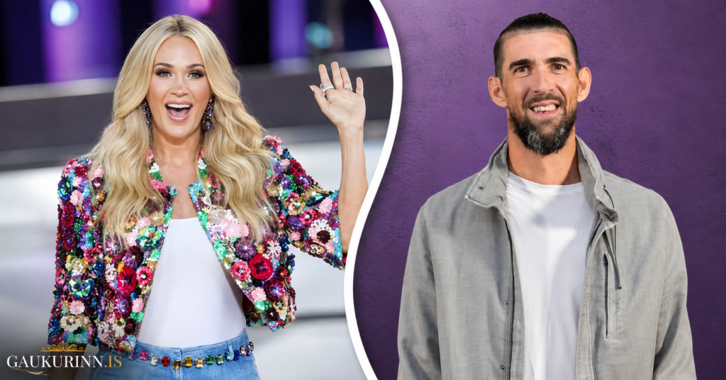 Split-image collage featuring Olympic swimmer Michael Phelps smiling at a purple event backdrop and country music star Carrie Underwood waving while wearing a colorful floral sequin jacket.