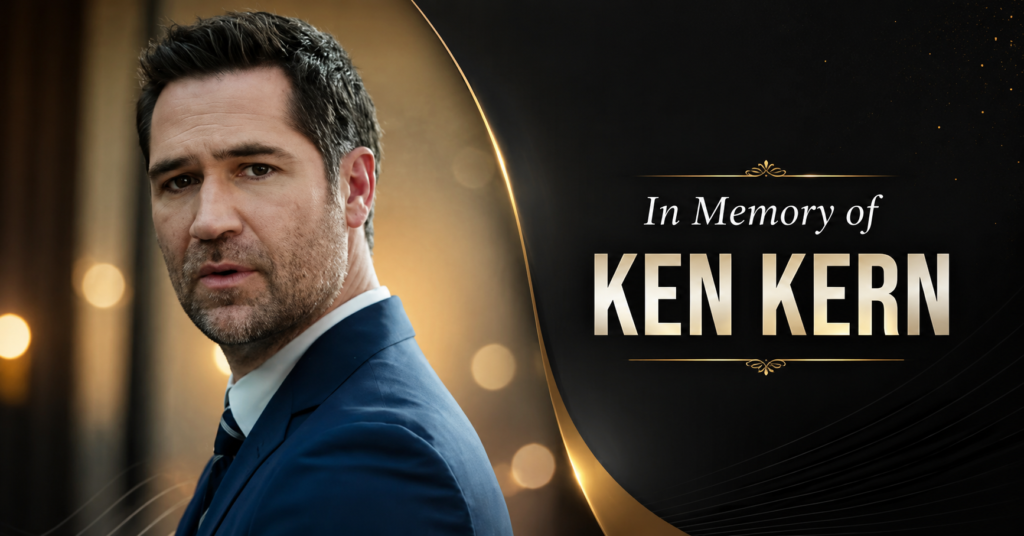 Memorial tribute reading "In Memory of Ken Kern" beside a portrait of the actor.