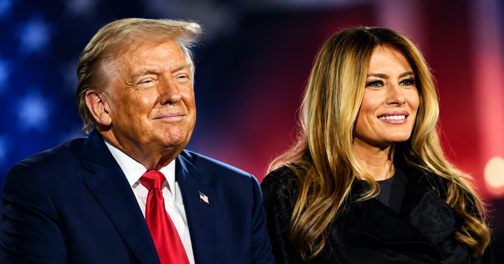 Donald Trump and Melania Trump seated together at a public event, smiling toward the audience.