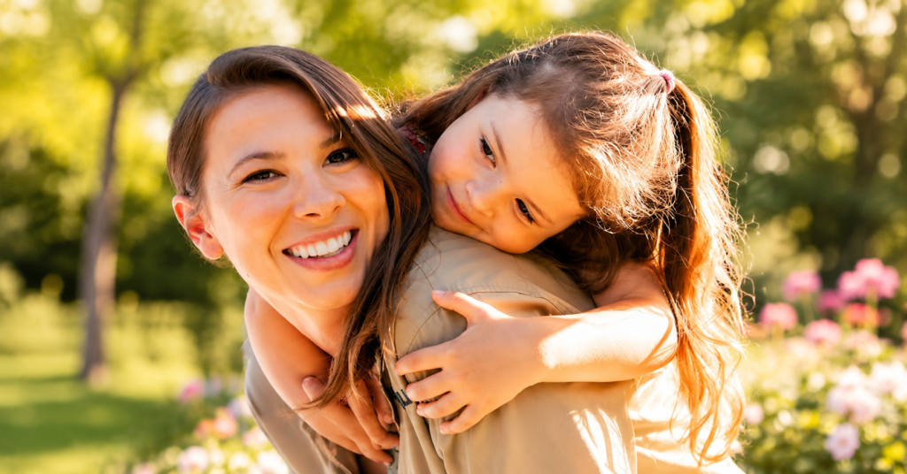 Bindi Irwin smiling while carrying her daughter, Grace Warrior, on her back in a garden filled with warm sunlight.