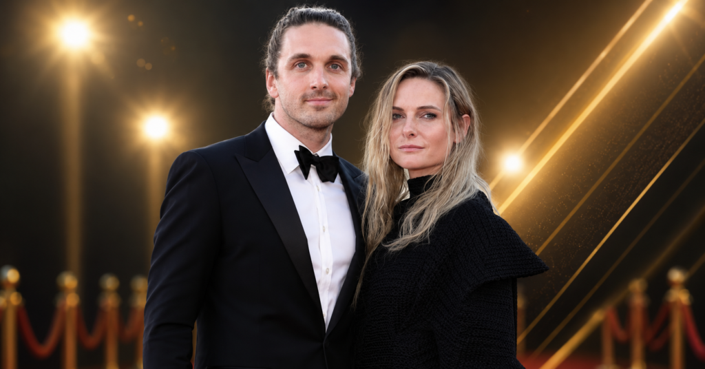 Rory St. Clair Gainer standing beside Rebecca Ferguson at a film premiere in formal black attire.