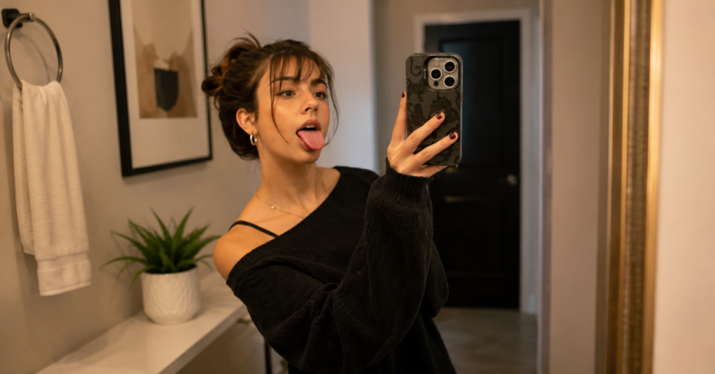 Mikayla Campinos taking a mirror selfie while wearing a black off-shoulder sweater and gray shorts indoors.