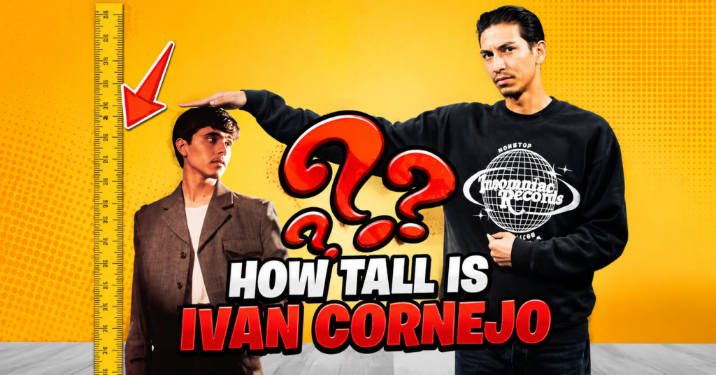 Ivan Cornejo standing in a dark outfit beside a height chart in an illustration about his height.