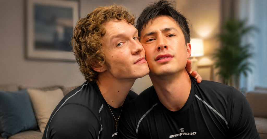 Hudson Williams posing closely with a friend while wearing matching black athletic shirts.