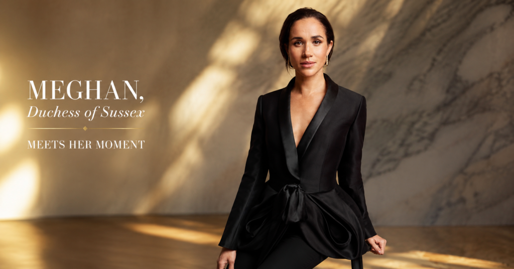Meghan Markle posing in a black tailored suit on a Harper's Bazaar magazine cover with a minimalist gray background.