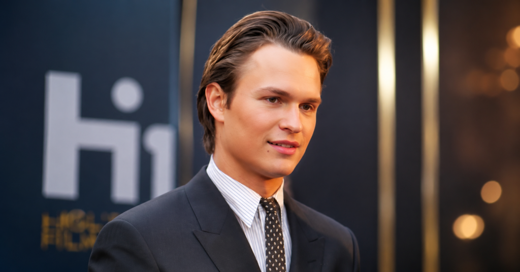 Ansel Elgort posing on the red carpet in a dark suit and patterned tie during a public event.