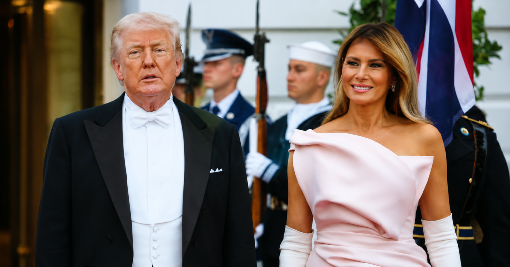 Melania Trump wearing a pale pink off-the-shoulder gown and white opera gloves while attending a White House state dinner alongside Donald Trump.