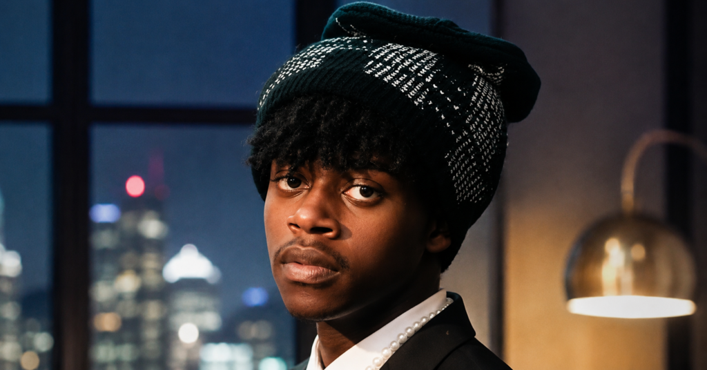 Metronade in a stylish black beanie and formal outfit, looking toward the camera in a close-up portrait with a blurred background.