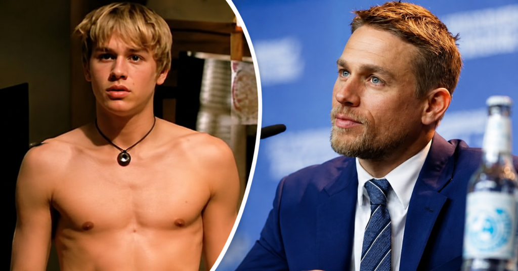 Side-by-side images of Charlie Hunnam as a young actor and at a later public appearance in a blue suit.