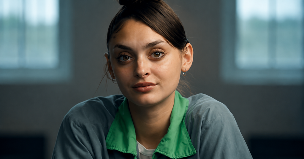 Close-up portrait of Mackenzie Shirilla with dark hair tied in a bun, wearing a gray top with a green collar in an indoor interview setting.