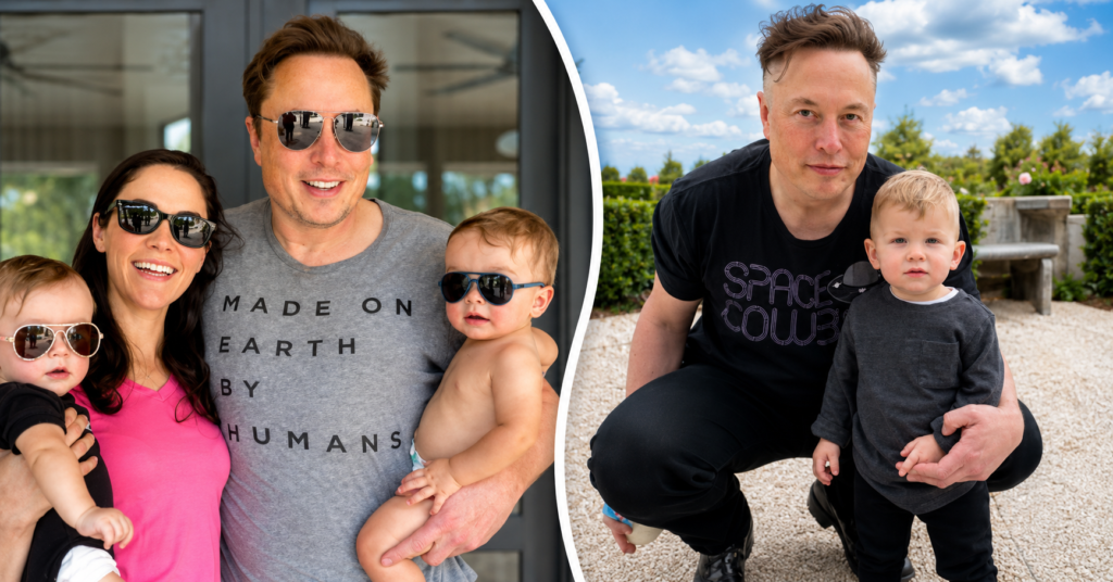 Side-by-side photos of Elon Musk with several of his children, including a family portrait and an outdoor photo with one child.