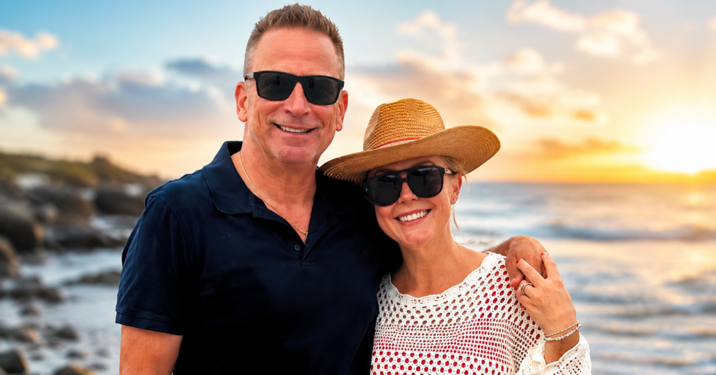 Karoline Leavitt and her husband posing together on a beach, both wearing sunglasses with ocean waves in the background.