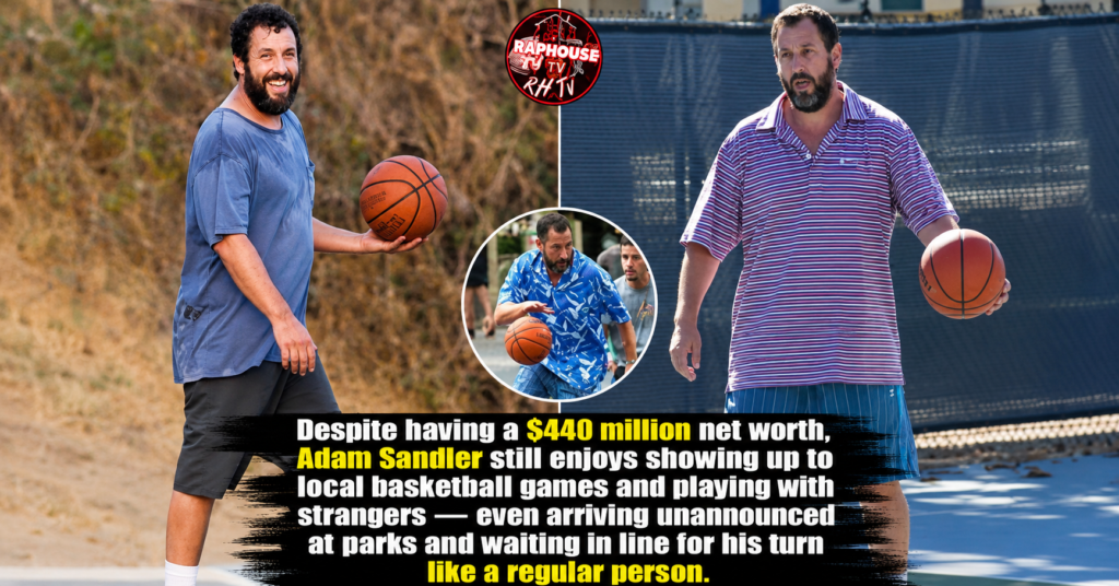 Adam Sandler playing basketball at a local outdoor court while wearing casual athletic clothes.
