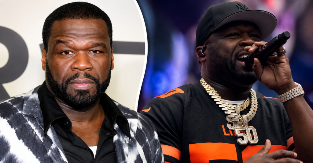 50 Cent in a split image featuring a red carpet portrait and a live concert performance while discussing his net worth.