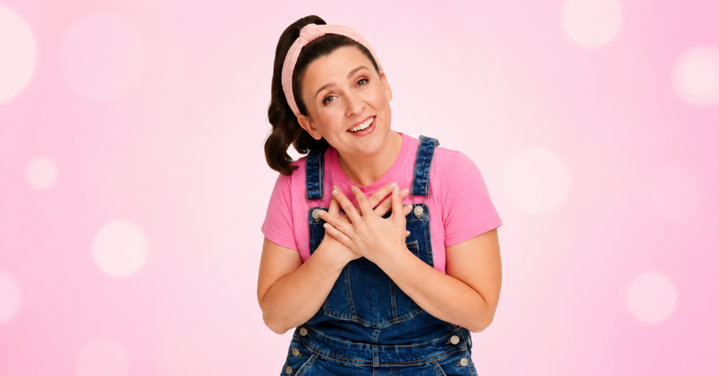 Ms. Rachel wearing a pink shirt, denim overalls, and a pink headband while smiling in a studio portrait.