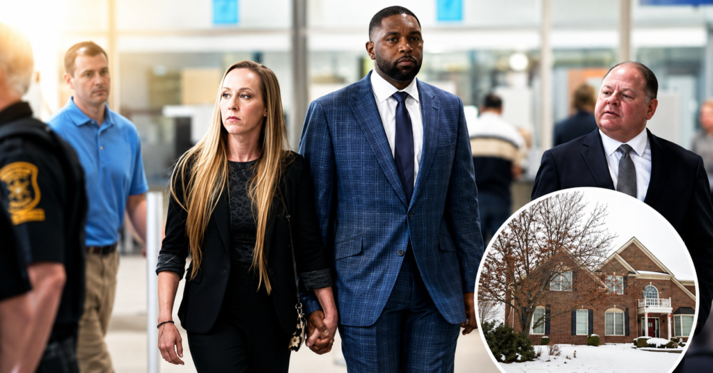 Sherrone Moore and his wife arrive at a courthouse while attorneys and law enforcement officials accompany them.