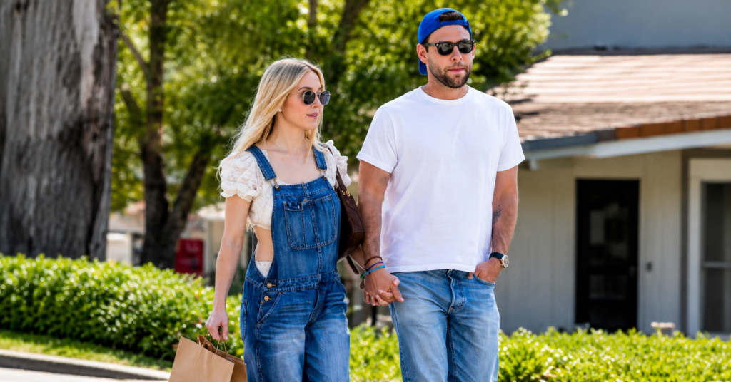 Sydney Sweeney and her rumored boyfriend walk hand in hand during a casual daytime outing in denim and casual clothing.