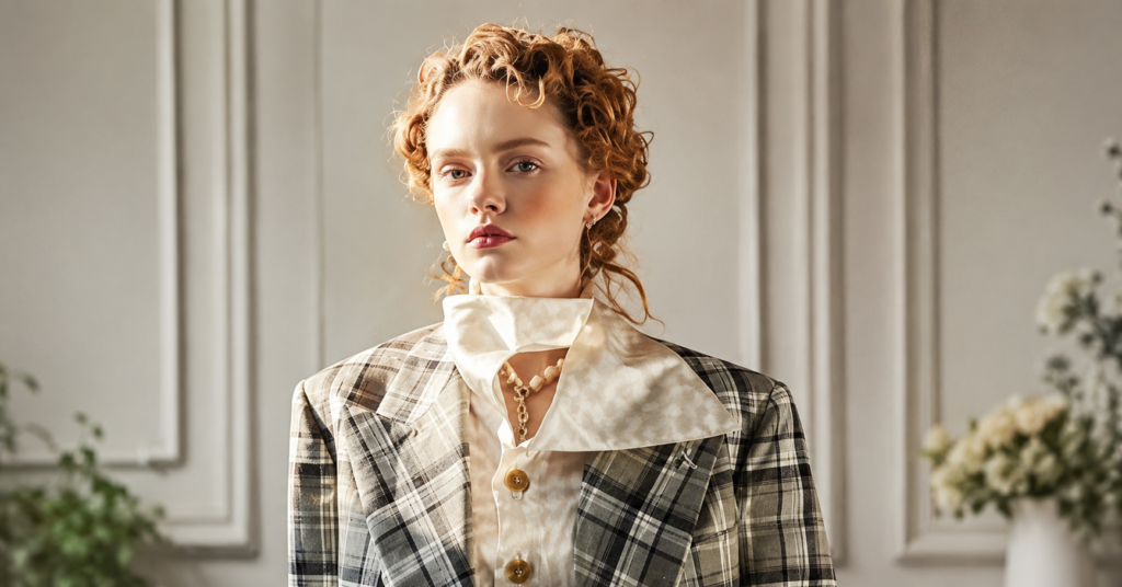 Emma Laird wearing a gray plaid blazer and white bow-collar blouse in an elegant indoor portrait with a soft neutral background.