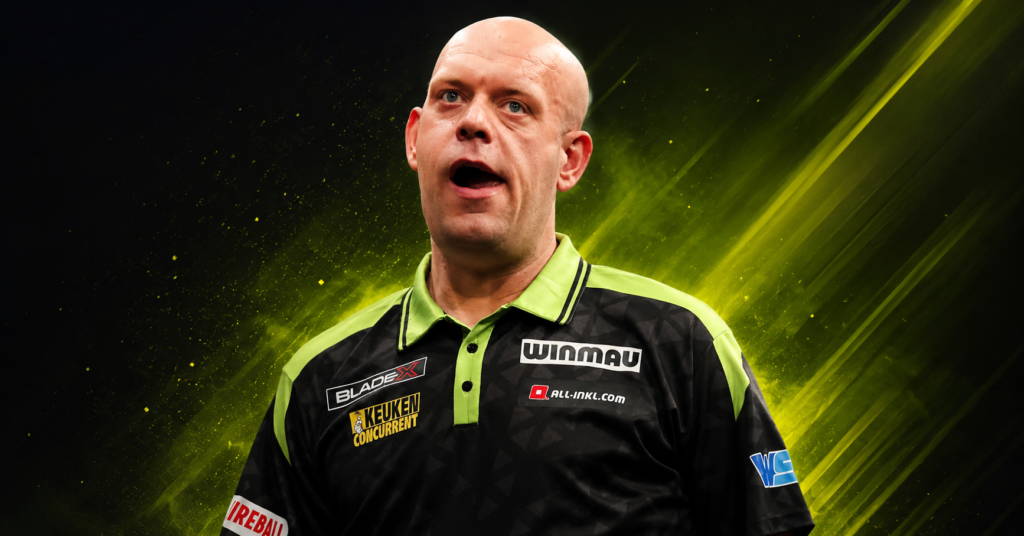 Michael van Gerwen during a darts event wearing a black and green Winmau shirt.