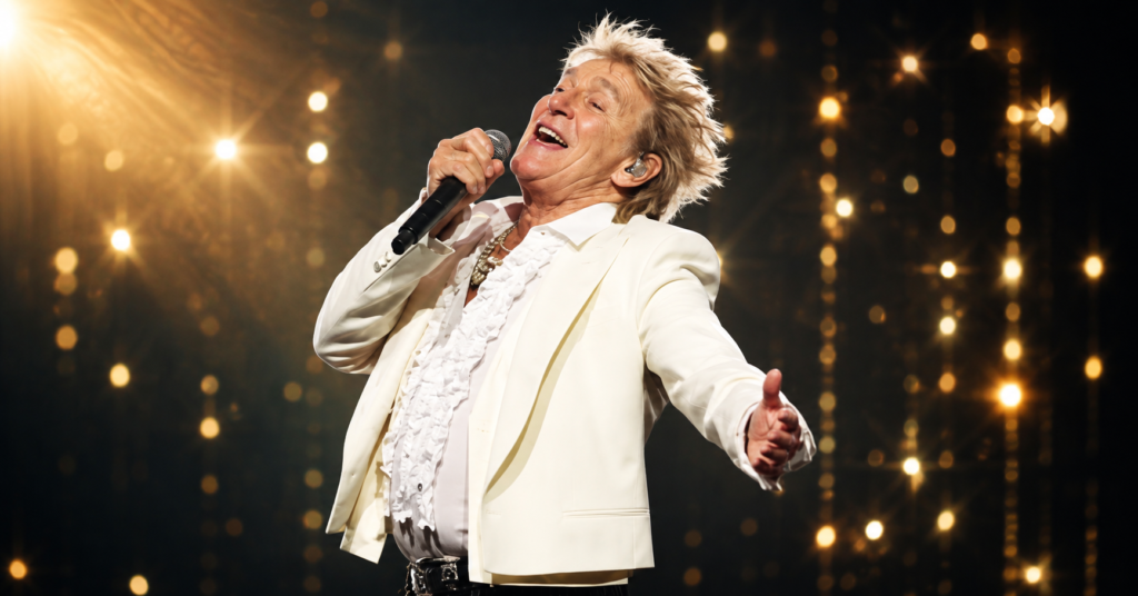 Rod Stewart singing into a microphone during his Glastonbury Festival performance, wearing a white blazer under bright stage lights.