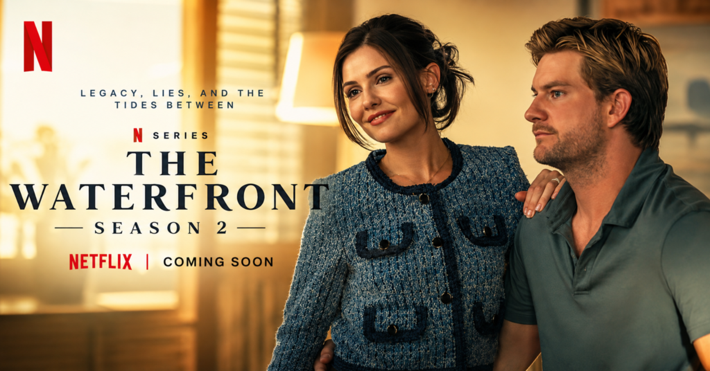 The Waterfront Season 2 promotional image featuring two lead characters from the Netflix crime drama in a warmly lit indoor setting.