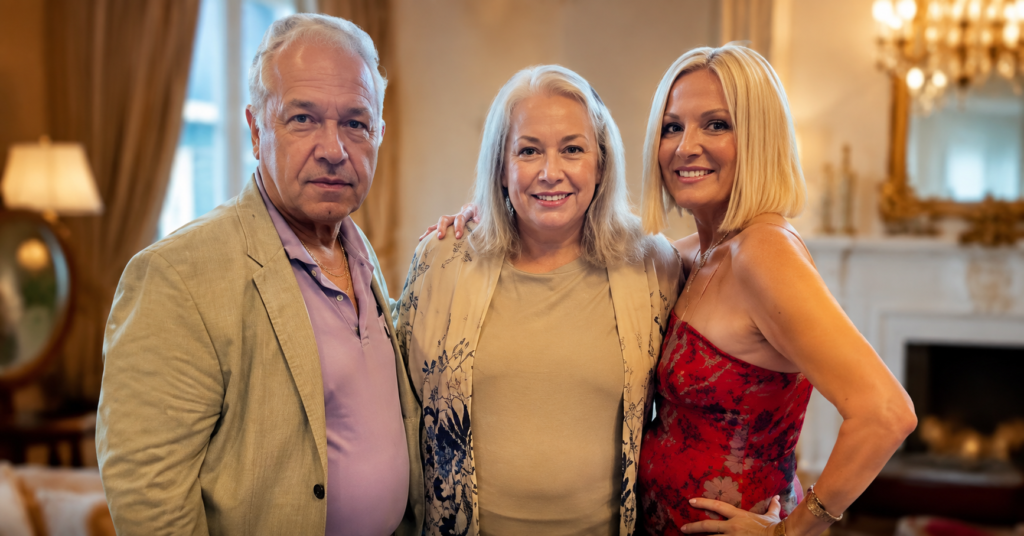 Elizabeth Trump Grau standing with two family members indoors during a social gathering.